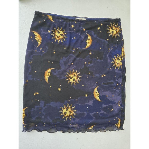 Bear Dance Dresses & Skirts - Celestial Sun Moon Mesh Mini Skirt Cosmic Print Sheer Overlay Witchy Mystic L